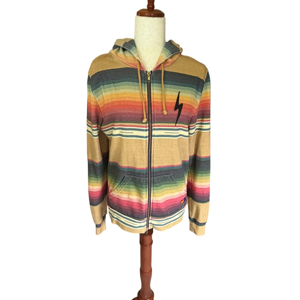 Aviator Nation Multicolor Striped Zip Hoodie - Tan, Green, Red, Yellow